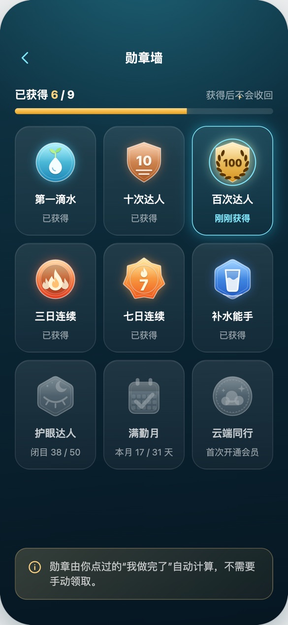 勋章墙:第一滴水、十次达人、百次达人等勋章