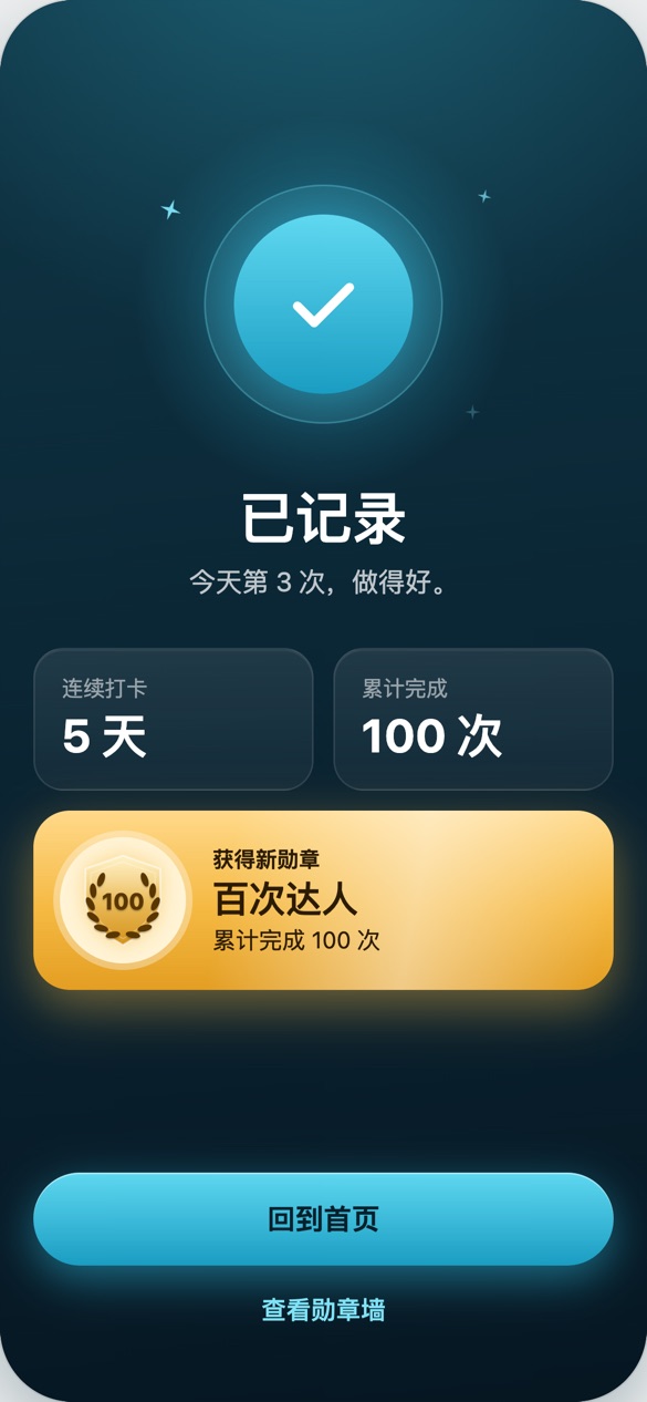 完成反馈:已记录,连续打卡 5 天,获得新勋章百次达人